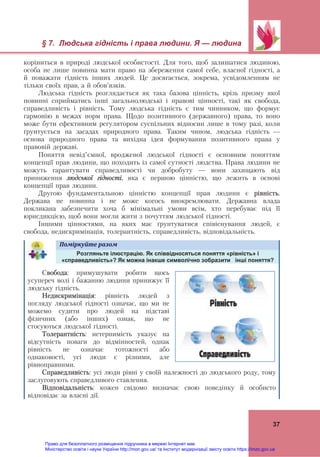 § 7. Людська гідність і права людини. Я — людина
37
коріниться в природі людської особистості. Для того, щоб залишатися людиною,
особа не лише повинна мати право на збереження самої себе, власної гідності, а
й поважати гідність інших людей. Це досягається, зокрема, усвідомленням не
тільки своїх прав, а й обов’язків.
Людська гідність розглядається як така базова цінність, крізь призму якої
повинні сприйматись інші загальнолюдські і правові цінності, такі як свобода,
справедливість і рівність. Тому людська гідність є тим чинником, що формує
гармонію в межах норм права. Щодо позитивного (державного) права, то воно
може бути ефективним регулятором суспільних відносин лише в тому разі, коли
ґрунтується на засадах природного права. Таким чином, людська гідність —
основа природного права та вихідна ідея формування позитивного права у
правовій державі.
Поняття невід’ємної, вродженої людської гідності є основним поняттям
концепції прав людини, що походить із самої сутності людства. Права людини не
можуть гарантувати справедливості чи добробуту — вони захищають від
приниження людської гідності, яка є першою цінністю, що лежить в основі
концепції прав людини.
Другою фундаментальною цінністю концепції прав людини є рівність.
Держава не повинна і не може когось виокремлювати. Державна влада
покликана забезпечити хоча б мінімальні умови всім, хто перебуває під її
юрисдикцією, щоб вони могли жити з почуттям людської гідності.
Іншими цінностями, на яких має ґрунтуватися співіснування людей, є
свобода, недискримінація, толерантність, справедливість, відповідальність.
Поміркуйте	разом	
Розгляньте ілюстрацію. Як співвідносяться поняття «рівність» і
«справедливість»? Як можна інакше символічно зобразити інші поняття?
Свобода: примушувати робити щось
усупереч волі і бажанню людини принижує її
людську гідність.
Недискримінація: рівність людей з
погляду людської гідності означає, що ми не
можемо судити про людей на підставі
фізичних (або інших) ознак, що не
стосуються людської гідності.
Толерантність: нетерпимість указує на
відсутність поваги до відмінностей, однак
рівність не означає тотожності або
однаковості, усі люди є різними, але
рівноправними.
Справедливість: усі люди рівні у своїй належності до людського роду, тому
заслуговують справедливого ставлення.
Відповідальність: кожен свідомо визначає свою поведінку й особисто
відповідає за власні дії.
Право для безоплатного розміщення підручника в мережі Інтернет має
Міністерство освіти і науки України http://mon.gov.ua/ та Інститут модернізації змісту освіти https://imzo.gov.ua
 