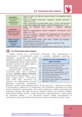 § 8. Еволюція прав людини
 
41
культурні —
уможливлюють
розвиток і
самореалізацію
особистості
 право на освіту, на навчання рідною мовою чи на вивчення рідної
мови (ст. 53),
 право на свободу літературної, художньої, наукової діяльності і
творчості (ст. 54),
 право користуватися досягненнями науки і техніки, культурними й
історичними надбаннями народу та світової громадськості (ст. 54)
екологічні —
забезпечують стан
довкілля як умову
життя людини
 право на безпечне для життя і здоров’я довкілля
(ст. 50),
 право на відшкодування збитків, заподіяних погіршенням стану
довкілля (ст. 50),
 право на отримання і використання інформації про стан довкілля,
про якість харчових продуктів і предметів побуту, а також на її
поширення (ст. 50)
права в галузі
правосуддя —
гарантують
правову
захищеність особи
 право на судовий захист своїх прав і свобод від порушень і
протиправних посягань (ст. 55),
 на відшкодування матеріальних і моральних збитків (ст. 56),
 право на правову допомогу (ст. 59),
 презумпція невинуватості в кримінальному судочинстві (ст. 62) та ін.
 
8.3.	Покоління	прав	людини		
Права людини не є застиглими поняттями, вони розвиваються та
збагачуються — еволюціонують разом із людиною, державою, науковим і
технічним прогресом. За часом
офіційного визнання на національному
та міжнародному рівнях права людини
зазвичай поділяють на права першого,
другого і третього поколінь.
Визнання прав людини почалося
з громадянських (особистих) та
політичних прав, саме їх прийнято
називати правами першого покоління.
Громадянські (особисті) права — це ті
блага, умови життя і можливості,
яких особа може домагатися від
держави для забезпечення власного
фізичного існування, збереження,
розвитку і захисту своєї індивідуальності. Їх призначення — забезпечити свободу
й автономність особистості, її захищеність від незаконного втручання. Ці права
деколи називають «негативними», бо ж вони гарантують свободу насамперед від
втручання держави. Це право на життя, свободу і безпеку, на власність, свободу
пересування, свободу думки і слова, світогляду й віросповідання, а також права
на належний процес — на публічний розгляд справи безстороннім та
незалежним судом, презумпція невинуватості, право на правову допомогу тощо.
Перші	акти,	що	закріплюють		
права	людини:	
Велика хартія вольностей (Англія, 1215) 
Петиція про права (Англія, 1628) 
Habeas Corpus Act (Закон про 
недоторканність особи) (Англія, 1679) 
Білль про права (Англія, 1689) 
Декларація прав Вірджинії (США, 1776) 
Декларація незалежності США (1776) 
Конституція США (1787) 
Білль про права (США, 1791) 
Декларація прав людини і громадянина 
(Франція, 1789) та ін. 
Право для безоплатного розміщення підручника в мережі Інтернет має
Міністерство освіти і науки України http://mon.gov.ua/ та Інститут модернізації змісту освіти https://imzo.gov.ua
 