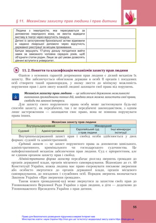  
 
§ 11. Механізми захисту прав людини і прав дитини
 
55
Людина з інвалідністю, яка пересувається за
допомогою інвалідного візка, не змогла відвідати
виставу в театрі через відсутність пандуса.
Дитині із загостренням бронхіальної астми відмовили
в наданні лікарської допомоги через відсутність
державної реєстрації за місцем проживання.
Батьки змушують 17-річну доньку погодитися вийти
заміж за заможного чоловіка середніх років, щоб
об’єднати статки родин. Лише за цієї умови дозволять
дівчині вступити в університет.
 
11.	2.	Поняття	та	класифікація	механізмів	захисту	прав	людини 
Однією з основних гарантій дотримання прав людини є дієвий механізм їх
захисту. Він забезпечується обов’язком держави в особі її органів і посадових
осіб створити такий правопорядок, у якому звести до мінімуму можливість
порушення прав і дати змогу кожній людині захищати свої права від порушень.
Механізм	захисту	прав	людини	—	це	забезпечені	державою	можливості	
виконання	громадянами	певних	дій,	завдяки	яким	можна	захистити	свої	права,	
свободи	та	законні	інтереси.		
Для захисту свого порушеного права особа може застосовувати будь-які
способи захисту, як передбачені, так і не передбачені законодавством, з одним
лише застереженням — захищаючи своє право, вона не повинна порушувати
права інших.
Механізми захисту прав людини
Внутрішньодержавний Міжнародний
Судовий Адміністративний
Європейський суд
з прав людини
Інші міжнародні
інституції
Внутрішньодержавний захист прав і свобод особи здійснюється у двох
формах: судовій та адміністративній.
Судовий захист — це захист порушеного права за допомогою цивільного,
адміністративного, кримінального чи господарського судочинства. Це
найефективніший механізм забезпечення прав людини. Суд є пріоритетним, але
не єдиним органом захисту прав і свобод.
Адміністративна форма захисту передбачає розгляд звернень громадян до
органів державної влади, органів місцевого самоврядування. Відповідно до ст. 40
Конституції України, кожна людина має право скеровувати письмове звернення
або особисто звертатися до органів державної влади, органів місцевого
самоврядування, до посадових і службових осіб. Порядок звернень визначається
Законом України «Про звернення громадян».
Також кожен громадянин(-ка) може звернутися за захистом своїх прав до
Уповноваженого Верховної Ради України з прав людини, а діти — додатково до
Уповноваженого Президента України з прав дитини.
Право для безоплатного розміщення підручника в мережі Інтернет має
Міністерство освіти і науки України http://mon.gov.ua/ та Інститут модернізації змісту освіти https://imzo.gov.ua
 