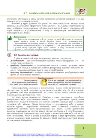 § 1. Соціальна ідентичність та її види
 
9
злочинним оточенням, а отже, вагомою причиною злочинної поведінки є те, яку
референтну групу обирає індивід.
Членство у групі (реальне або уявне) не лише представляє людину перед
іншими, а й допомагає сформувати образ власного «Я». Особа, орієнтуючись на
певну соціальну групу, приписує собі риси вдачі, які, на її думку, притаманні цій
групі, наприклад: я українець(-ка), а тому я… (щирий(-ра), волелюбний(-на),
господарний(-на) тощо).
Варто	знати					
Прикладом ототожнення себе із групою, до якої об’єктивно не належиш,
можна вважати відоме в історії України явище т. зв. «хлопоманство».
«Хлопоманами» зневажливо називали поляки тих українців, які походили зі
спольщених шляхетських родин, але в середині ХІХ ст. усвідомили, що потрібно
служити «тому народові, серед якого живеш», а тому покинули польські
студентські організації і заснували українську «Громаду».
1.2.	Види	ідентичностей	
Є різні класифікації видів ідентичності, зокрема розрізняють:
- Я-ідентичність — суб’єктивне відчуття індивідом власної своєрідності («Я — не
такий (така), як інші»);
- особисту ідентичність — індивідуальні ознаки людини: по-перше, сюди
входять усі унікальні ознаки цієї людини (наприклад, відбитки пальців) і, по-
друге, унікальна комбінація фактів і дат історії її життя;
- соціальну ідентичність — типізація особистості на основі атрибутів соціальної
групи, до якої індивід належить.
Самоідентифікація
Час народження,
місце народження, походження,
група крові, резус, відбитки пальців
Стать, вік, сімейний стан, національність,
мова, професія (рід занять), мешканець
села (міста), громадянин держави
Найпоширенішим підходом є виокремлення різних видів ідентичності на
підставі того, до якої соціальної групи належить особистість. За цією ознакою
розрізняють такі види ідентичностей, як статева, вікова, мовна, етнічна, фахова,
класова, расова, громадянська тощо.
Усі вони мають особливості. Скажімо, статева ідентичність передбачає
усвідомлення себе представником певної статі і сприймання приписуваних
суспільством моделей поведінки, які повинні засвоїти індивіди, щоб їх визнали
чоловіком або жінкою. Вікова ідентичність — ототожнення себе з певною
віковою групою і сприймання цінностей, норм і моделей поведінки, які
суспільство приписує мати представникам цієї групи. Мовна ідентичність
визначає сприймання як своєї не просто літературної мови, а й того її різновиду,
що притаманний конкретній соціальній групі, з якою ототожнює себе той чи той
член суспільства. Адже в різних соціальних верств і груп (робітники, селяни,
вчителі, політики) мова відмінна, бо різним є їхній освітньо-культурний рівень
та середовище спілкування.
Право для безоплатного розміщення підручника в мережі Інтернет має
Міністерство освіти і науки України http://mon.gov.ua/ та Інститут модернізації змісту освіти https://imzo.gov.ua
 