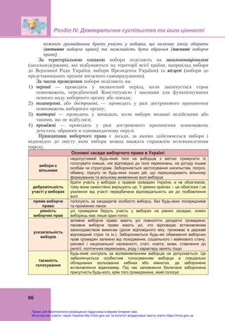 Розділ ІV. Демократичне суспільство та його цінності
 
96
кожного	 громадянина	 брати	 участь	 у	 виборах,	 що	 включає	 змогу	 обирати	
(активне	 виборче	 право)	 та	 можливість	 бути	 обраним	 (пасивне	 виборче	
право).
За територіальною ознакою вибори поділяють на загальнонаціональні
(загальнодержавні, які відбуваються на території всієї країни, наприклад вибори
до Верховної Ради України, вибори Президента України) та місцеві (вибори до
представницьких органів місцевого самоврядування).
За часом проведення вибори поділяють на:
1) чергові — проводять у визначений період, коли закінчується строк
повноважень, передбачений Конституцією і законами для функціонування
певного виду виборного органу або посади;
2) позачергові, або дострокові, — проводять у разі дострокового припинення
повноважень виборного органу;
3) повторні — проводять у випадках, коли вибори визнані недійсними або
такими, що не відбулися;
4) проміжні — проводять у разі дострокового припинення повноважень
депутата, обраного в одномандатному окрузі.
Принципами виборчого права є засади, за якими здійснюються вибори і
відповідно до змісту яких вибори можна вважати справжнім волевиявленням
народу.
Основні засади виборчого права в Україні:
вибори є
вільними
недопустимий будь-який тиск на виборців з метою примусити їх
голосувати інакше, ніж відповідно до їхніх переконань, на догоду іншим
особам чи структурам. Забороняється застосування насильства, погроз,
обману, підкупу чи будь-яких інших дій, що перешкоджають вільному
формуванню та вільному виявленню волі виборця
добровільність
участі у виборах
брати участь у виборах є правом громадян України, а не обов’язком,
тому вони самостійно вирішують це. У деяких країнах – це обов’язок і за
ухилення від участі передбачена відповідальність аж до позбавлення
волі
пряме виборче
право
голосують за кандидатів особисто виборці, без будь-яких посередників
та проміжних ланок
рівність
виборчих прав
усі громадяни беруть участь у виборах на рівних засадах, кожен
виборець має лише один голос
усезагальність
виборів
активне виборче право мають усі повнолітні дієздатні громадяни;
пасивне виборче право мають усі, хто відповідає встановленим
законодавством вимогам (досяг відповідного віку, проживає в державі
відповідний строк та ін.). Забороняються будь-які обмеження виборчих
прав громадян залежно від походження, соціального і майнового стану,
расової і національної належності, статі, освіти, мови, ставлення до
релігії, політичних переконань, роду і характеру занять тощо
таємність
голосування
будь-який контроль за волевиявленням виборців не допускається. Це
забезпечується особистим голосуванням виборця в спеціально
обладнаних ізольованих кабінах або кімнатах, де заборонене
встановлення відеокамер. Під час заповнення бюлетеня заборонена
присутність будь-кого, крім того громадянина, який голосує
Право для безоплатного розміщення підручника в мережі Інтернет має
Міністерство освіти і науки України http://mon.gov.ua/ та Інститут модернізації змісту освіти https://imzo.gov.ua
 