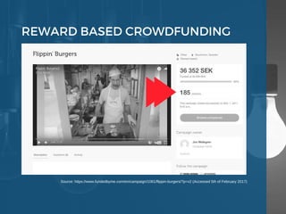REWARD BASED CROWDFUNDING 
C2B / C2B / B2B LENDING
Source: https://www.fundedbyme.com/en/campaign/1061/flippin-burgers/?p=v2 (Accessed 5th of February 2017)
 