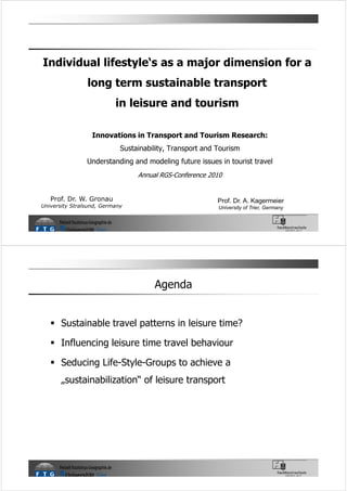 Individual lifestyle‘s as a major dimension for a
long term sustainable transport
in leisure and tourism
Innovations in Transport and Tourism Research:
Sustainability, Transport and Tourism
Understanding and modeling future issues in tourist travel
Annual RGS-Conference 2010

Prof. Dr. W. Gronau

Prof. Dr. A. Kagermeier

University Stralsund, Germany

University of Trier, Germany

Agenda

Sustainable travel patterns in leisure time?
Influencing leisure time travel behaviour
Seducing Life-Style-Groups to achieve a
„sustainabilization“ of leisure transport

 