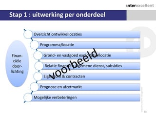 Stap 1 : uitwerking per onderdeel

           Overzicht ontwikkellocaties

              Programma/locatie

 Finan-         Grond- en vastgoed exploitatie/locatie
  ciële
  door-          Relatie financiën algemene dienst, subsidies
lichting
                Eigendom & contracten

              Prognose en afzetmarkt

           Mogelijke verbeteringen


                                                                16
 