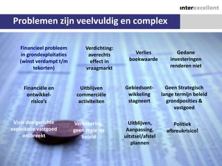 Problemen zijn veelvuldig en complex

   Financieel probleem          Verdichting:
    in grondexploitaties         averechts         Verlies             Gedane
   (winst verdampt t/m            effect in      boekwaarde         investeringen
          tekorten)             vraagmarkt                          renderen niet



     Financiële en            Uitblijven       Gebiedsont-         Geen Strategisch
      ontwikkel-            commerciële         wikkeling        lange termijn beleid
        risico’s             activiteiten       stagneert          grondposities &
                                                                      vastgoed

 Visie doelgerichte        Verkokering,          Uitblijven,          Politiek
exploitatie vastgoed       geen regie op        Aanpassing,        afbreukrisico!
     ontbreekt                beleid           uitstsel/afstel
                                                  plannen

                                                                                    3
 