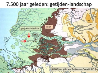 7.500 jaar geleden: getijden-landschap
zie kaart 7.500 voor
Christus
108.000 jaar geleden, Rotterdam “verdrinkt”
getijdenlandschap
veen
 