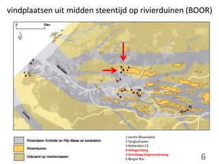 vindplaatsen uit midden steentijd op rivierduinen (BOOR)
1 eerste Maasvlakte
2 Yangtzehaven
3 Rotterdam CS
4 Hillegersberg
5 Grindweg-Argonautenweg
6 Bergse Bos 6
 