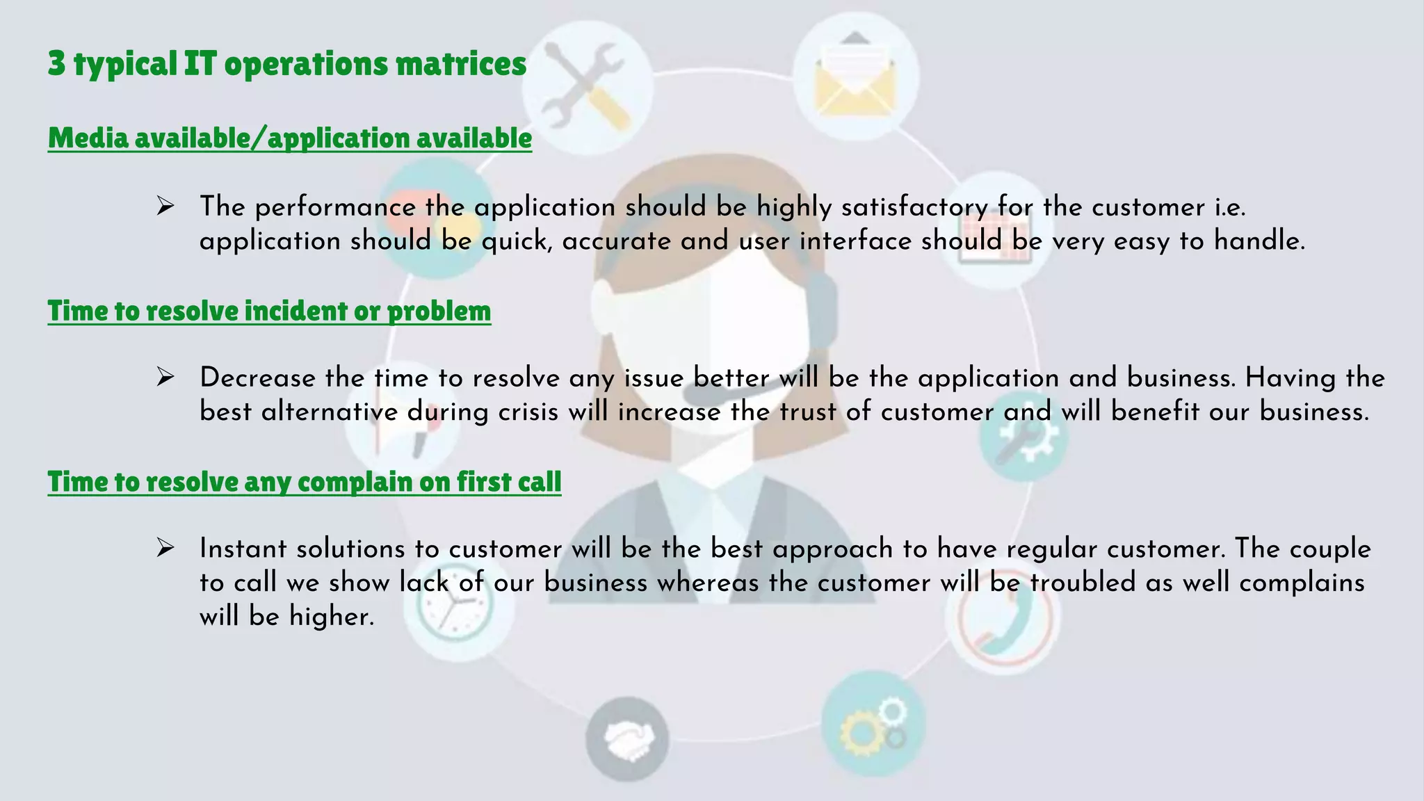 3 typical IT operations matrices
Media available/application available
 The performance the application should be highly satisfactory for the customer i.e.
application should be quick, accurate and user interface should be very easy to handle.
Time to resolve incident or problem
 Decrease the time to resolve any issue better will be the application and business. Having the
best alternative during crisis will increase the trust of customer and will benefit our business.
Time to resolve any complain on first call
 Instant solutions to customer will be the best approach to have regular customer. The couple
to call we show lack of our business whereas the customer will be troubled as well complains
will be higher.
 