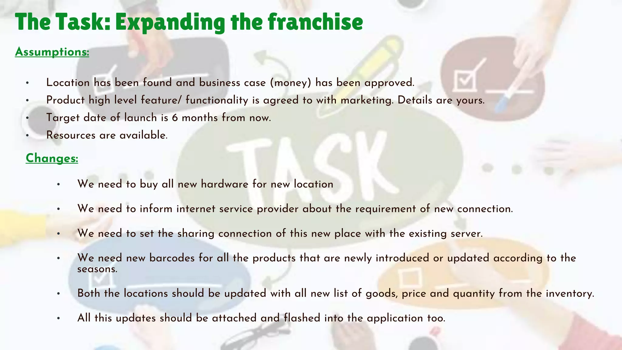 The Task: Expanding the franchise
Assumptions:
• Location has been found and business case (money) has been approved.
• Product high level feature/ functionality is agreed to with marketing. Details are yours.
• Target date of launch is 6 months from now.
• Resources are available.
Changes:
• We need to buy all new hardware for new location
• We need to inform internet service provider about the requirement of new connection.
• We need to set the sharing connection of this new place with the existing server.
• We need new barcodes for all the products that are newly introduced or updated according to the
seasons.
• Both the locations should be updated with all new list of goods, price and quantity from the inventory.
• All this updates should be attached and flashed into the application too.
 
