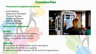 Transition Plan12
Procurement of equipment and services
kiosk Machine
Application Developer
Payment Services
Marketing Services
Delivery Services
Customer Services
Communications management
Supplier:
To communicate with all new updates.
To demand the new requirements.
Change and policies and contract.
Employees:
Communicate for all the admin works and reports.
To train them for all the new updates.
To send the reminders between all the levels of organisations.
 