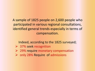 A sample of 1825 people on 2,600 people who
 participated in various regional consultations,
identified general trends especially in terms of
                 compensation.

  Indeed, according to the 1825 surveyed;
  37% seek recognition
  29% require monetary compensation
  only 28% Require of admissions
 