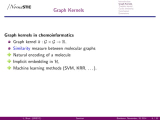 Introduction
Graph Kernels
Treelets kernel
Cyclic similarity
Conclusion
Extensions
Graph Kernels
Graph kernels in chemoinformatics
Graph kernel k : G × G → R.
Similarity measure between molecular graphs
Natural encoding of a molecule
Implicit embedding in H,
Machine learning methods (SVM, KRR, . . . ).
L. Brun (GREYC) Seminar Bordeaux, November, 20 2014 6 / 32
 