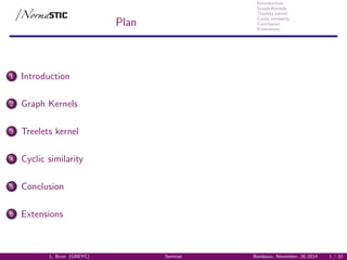 Introduction
Graph Kernels
Treelets kernel
Cyclic similarity
Conclusion
Extensions
Plan
1 Introduction
2 Graph Kernels
3 Treelets kernel
4 Cyclic similarity
5 Conclusion
6 Extensions
L. Brun (GREYC) Seminar Bordeaux, November, 20 2014 1 / 32
 