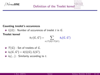 Introduction
Graph Kernels
Treelets kernel
Cyclic similarity
Conclusion
Extensions
Deﬁnition of the Treelet kernel
Counting treelet’s occurences
ft(G) : Number of occurences of treelet t in G.
Treelet kernel
kT (G, G ) =
t∈T (G)∩T (G )
kt(G, G )
T (G) : Set of treelets of G.
kt(G, G ) = k(ft(G), ft(G ).
kt(., .) : Similarity according to t.
L. Brun (GREYC) Seminar Bordeaux, November, 20 2014 10 / 32
 