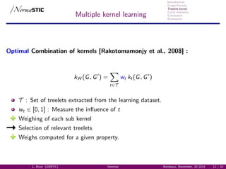 Introduction
Graph Kernels
Treelets kernel
Cyclic similarity
Conclusion
Extensions
Multiple kernel learning
Optimal Combination of kernels [Rakotomamonjy et al., 2008] :
kW (G, G ) =
t∈T
wt kt(G, G )
T : Set of treelets extracted from the learning dataset.
wt ∈ [0, 1] : Measure the inﬂuence of t
Weighing of each sub kernel
Selection of relevant treelets
Weighs computed for a given property.
L. Brun (GREYC) Seminar Bordeaux, November, 20 2014 12 / 32
 