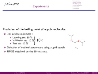 Introduction
Graph Kernels
Treelets kernel
Cyclic similarity
Conclusion
Extensions
Experiments
Prediction of the boiling point of acyclic molecules:
183 acyclic molecules :
Learning set: 80 %



10×Validation set: 10 %
Test set: 10 %
Selection of optimal parameters using a grid search
RMSE obtained on the 10 test sets.
OO
L. Brun (GREYC) Seminar Bordeaux, November, 20 2014 13 / 32
 