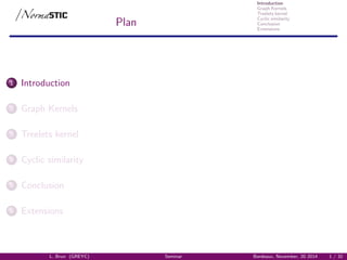 Introduction
Graph Kernels
Treelets kernel
Cyclic similarity
Conclusion
Extensions
Plan
1 Introduction
2 Graph Kernels
3 Treelets kernel
4 Cyclic similarity
5 Conclusion
6 Extensions
L. Brun (GREYC) Seminar Bordeaux, November, 20 2014 1 / 32
 