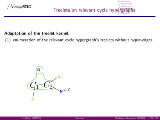Introduction
Graph Kernels
Treelets kernel
Cyclic similarity
Conclusion
Extensions
Treelets on relevant cycle hypergraphs
Adaptation of the treelet kernel:
(1) enumeration of the relevant cycle hypergraph’s treelets without hyper-edges.
N
S
S
C
O
L. Brun (GREYC) Seminar Bordeaux, November, 20 2014 23 / 32
 