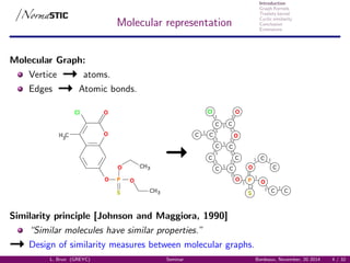 Introduction
Graph Kernels
Treelets kernel
Cyclic similarity
Conclusion
Extensions
Molecular representation
Molecular Graph:
Vertice atoms.
Edges Atomic bonds.
H3
C
Cl O
O
O P
S
O
CH3
O CH3
Cl
P
S
O
C
C
C
C
C C
C
CC
C C
C
C C
O
O O
O
Similarity principle [Johnson and Maggiora, 1990]
“Similar molecules have similar properties.”
Design of similarity measures between molecular graphs.
L. Brun (GREYC) Seminar Bordeaux, November, 20 2014 4 / 32
 