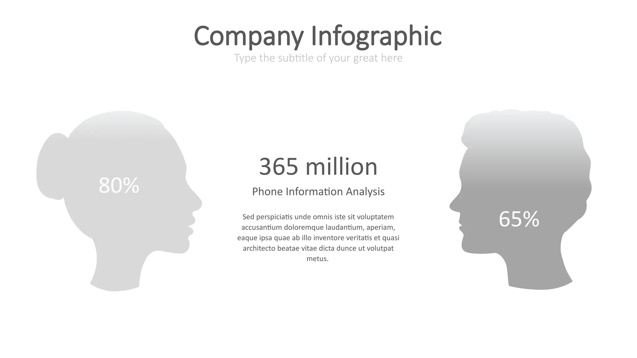 80%
65%
365 million
Phone Information Analysis
Sed perspiciatis unde omnis iste sit voluptatem
accusantium doloremque laudantium, aperiam,
eaque ipsa quae ab illo inventore veritatis et quasi
architecto beatae vitae dicta dunce ut volutpat
metus.
Type the subtitle of your great here
Company Infographic
 