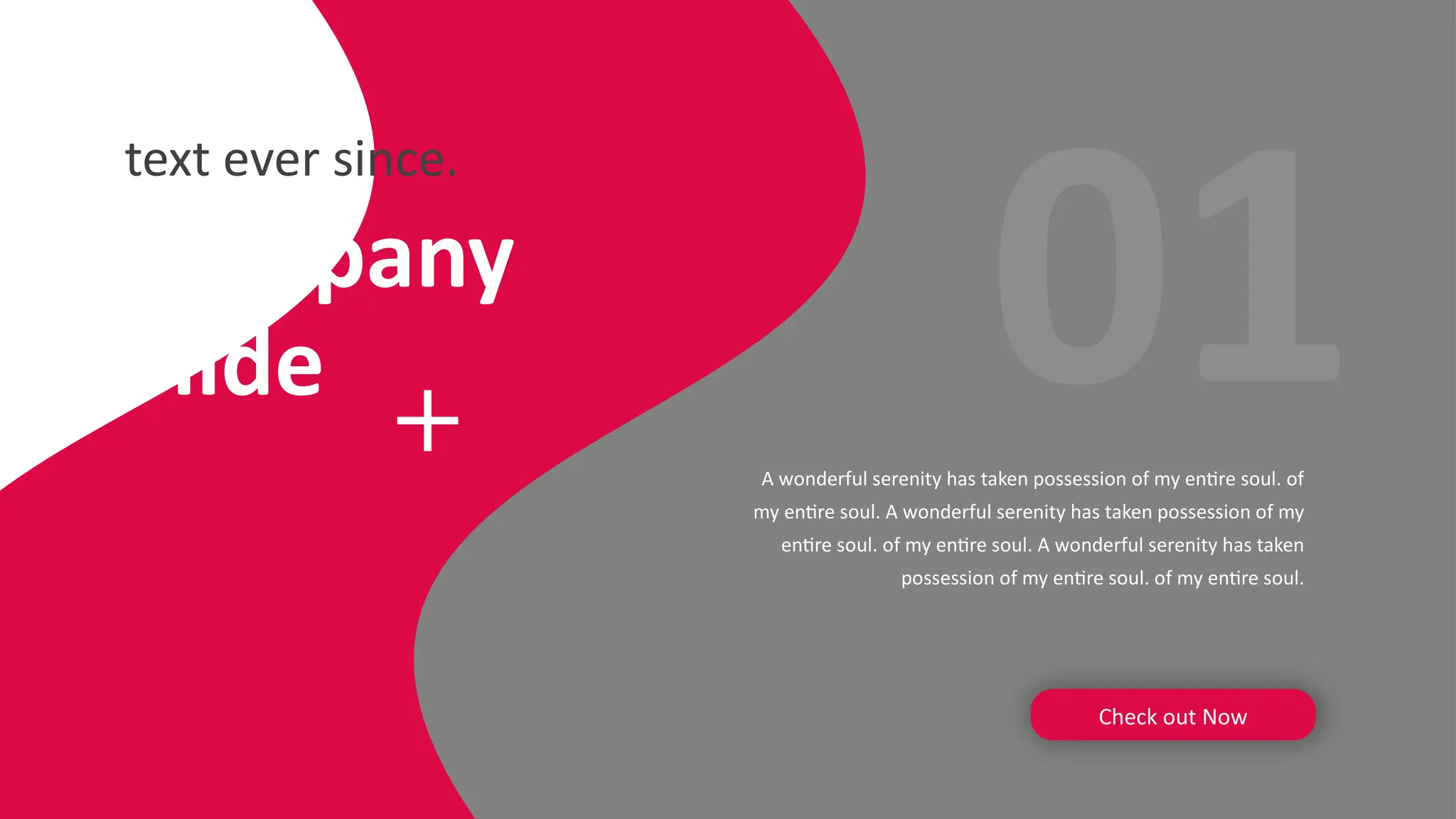 Company
Slide
text ever since.
A wonderful serenity has taken possession of my entire soul. of
my entire soul. A wonderful serenity has taken possession of my
entire soul. of my entire soul. A wonderful serenity has taken
possession of my entire soul. of my entire soul.
Check out Now
01
 