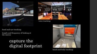 capture the
digital footprint
head and eye tracking:
length and frequency of looking at
the mirror
voice tracking
hand and body tracking:
 