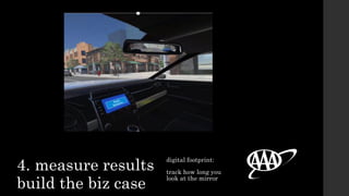 4. measure results
build the biz case
digital footprint:
track how long you
look at the mirror
 