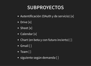 SUBPROYECTOSSUBPROYECTOS
Autentificación (OAuth y de servicio) [x]
Drive [x]
Sheet [x]
Calendar [x]
Chart (en beta y con futuro incierto) [ ]
Gmail [ ]
Team [ ]
siguiente según demanda [ ]
 