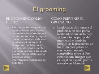 EL GROOMING COMO
DELITO


Las nuevas tecnologías y en
especial las redes sociales
han revolucionado el mundo
de la comunicación y, aquel
que no es consciente de este
cambio, está mirando el
campo vecino. Mayores y
menores de edad sustentan
nuevas relaciones a través de
plataformas digitales como
Facebook donde
intercambian contenidos de
todo tipo

COMO PREVENIR EL
GROOMING


La globalización agrava el
problema, no sólo por la
facilidad de enviar fotos y
videos a todas partes del
mundo, sino también
porque las legislaciones de
los diferentes países no
son necesariamente
compatibles entre sí. Por
ejemplo, una imagen que
es ilegal en España podría
no serlo en Alemania.

 
