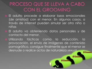  El adulto procede a elaborar lazos emocionales
(de amistad) con el menor. En algunos casos, a
través de internet pueden simular ser otro niño o
niñas
 El adulto va obteniendo datos personales y de
contacto del menor.
 Utilizando tácticas como la seducción, la
provocación, el envío de imágenes de contenido
pornográfico, consigue finalmente que el menor se
desnude o realice actos de naturaleza sexual.
 