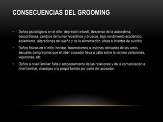 CONSECUENCIAS DEL GROOMING
• Daños psicológicos en el niño: depresión infantil, descenso de la autoestima,
desconfianza, cambios de humor repentinos y bruscos, bajo rendimiento académico,
aislamiento, alteraciones del sueño y de la alimentación, ideas e intentos de suicidio
• Daños físicos en el niño: heridas, traumatismos o lesiones derivadas de los actos
sexuales denigratorios que el ciber acosador lleva a cabo sobre la victima violaciones,
vejaciones, etc.
• Daños a nivel familiar: falta o empeoramiento de las relaciones y de la comunicación a
nivel familiar, chantajes a la propia familia por parte del acosador.
 