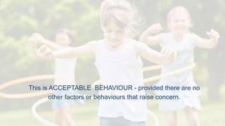 This is ACCEPTABLE BEHAVIOUR - provided there are no
other factors or behaviours that raise concern.
 