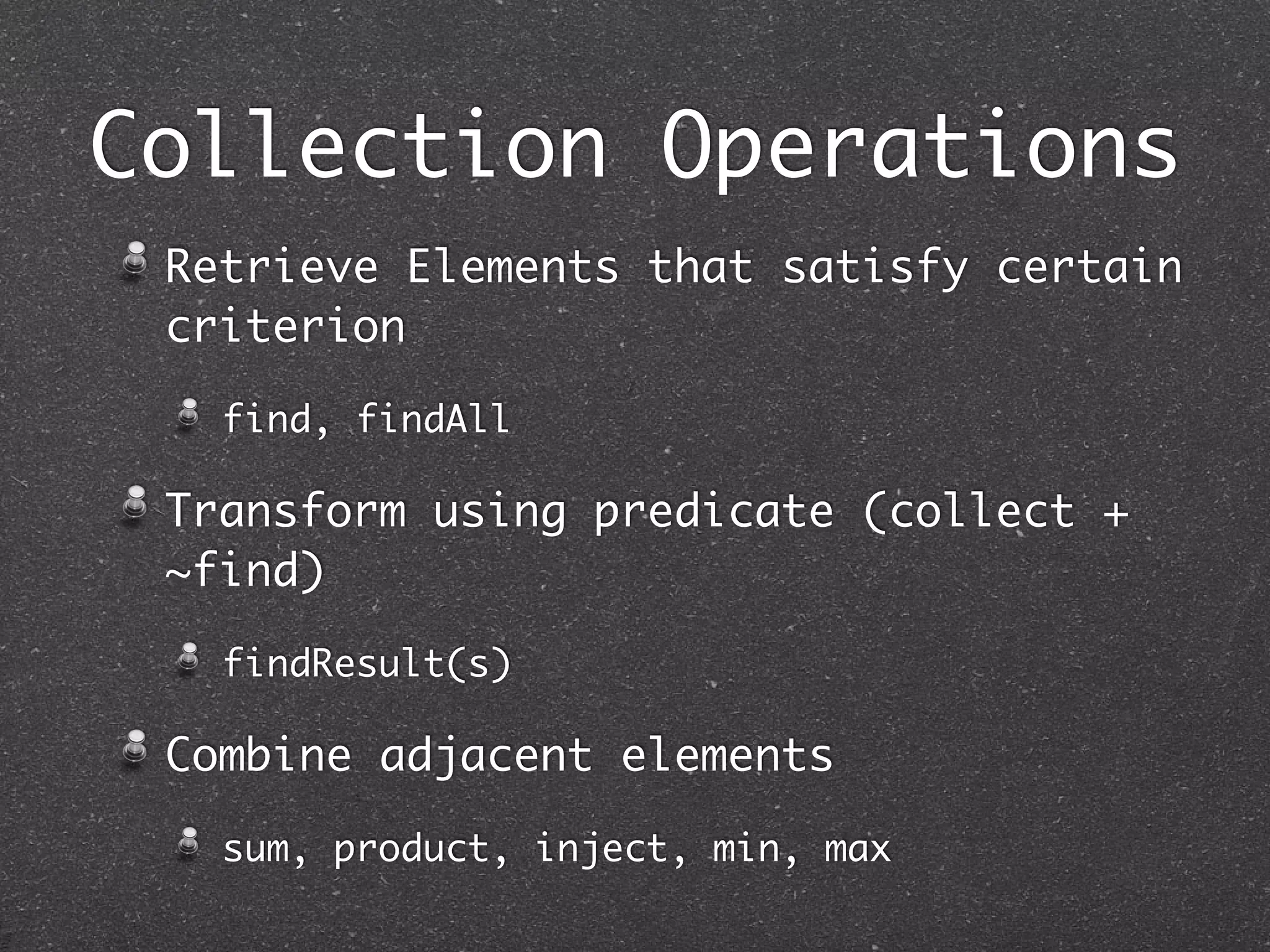 When to use Closures?
Eliminating Dependencies
Esp. on single method interfaces
Building Declarative APIs and
Preserving encapsulation.
External iterators or getters expose innards
of an aggregate, instead use internal
iterators and call closure.
Building DSLs
Using HOFs it becomes easy to construct DSLs
Lazy Evaluation
 