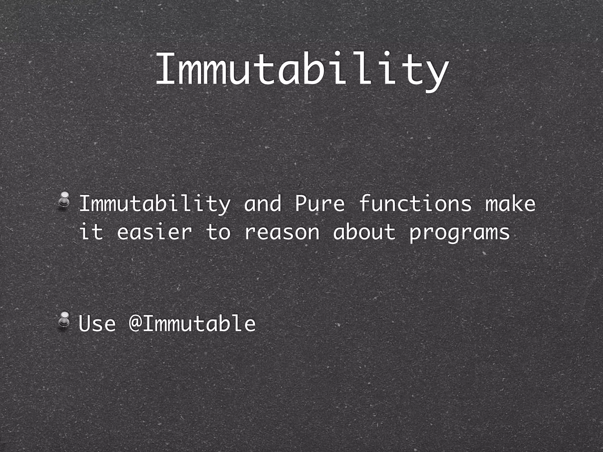 FP in Groovy
Like in other languages Java/C#/Ruby
etc…, in-place mutation is a standing
invitation in Groovy too!
Its hard to avoid falling into that trap.
One has to work hard to bring immutability.
A change to Immutable Object produces
another Immutable Object
Promotes caching of objects - Flyweights.
Promotes concurrent operations.
 