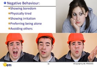 Negative Behaviour:
 Showing boredom
 Physically tired
 Showing irritation
 Preferring being alone
 Avoiding others




  ...