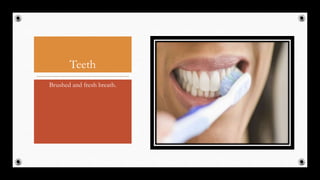 Teeth
Brushed and fresh breath.
13
 