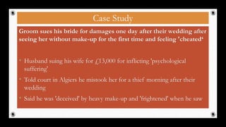 Case Study
Groom sues his bride for damages one day after their wedding after
seeing her without make-up for the first time and feeling 'cheated‘
• Husband suing his wife for £13,000 for inflicting 'psychological
suffering'
• Told court in Algiers he mistook her for a thief morning after their
wedding
• Said he was 'deceived' by heavy make-up and 'frightened' when he saw
18
 