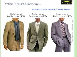 STYLE - POWER DRESSING…
                             Observation: Lapel (collar) & number of buttons

   Single-breasted         Single-breasted                Single-breasted
 One-button Suit (SB1)   Two-button Suit (SB2)        Three-button Suit (SB3)




                                                                               edge academy™
                                                                               www.ealpl.com
 
