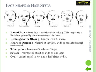 FACE SHAPE & HAIR STYLE




                                                                        edge academy™
1.   Round Face - Your face is as wide as it is long. This may vary a
     little but generally the measurement is close.
2.   Rectangular or Oblong - Longer than it is wide.




                                                                        www.ealpl.com
3.   Heart or Diamond- Narrow at jaw line, wide at cheekbones/and
     or forehead.
4.   Triangular – Reverse of the heart Shape.
5.   Square - your face is about as wide as it is long.
6.   Oval - Length equal to one and a half times width.
 