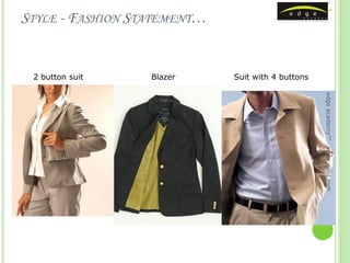 STYLE - FASHION STATEMENT…


 2 button suit    Blazer     Suit with 4 buttons




                                                   edge academy™
                                                   www.ealpl.com
 