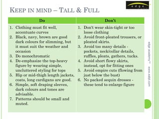KEEP IN MIND – TALL & FULL
                Do                                  Don’t
1. Clothing must fit well,            1. Don't wear skin-tight or too
   accentuate curves                     loose clothing
2. Black, navy, brown are good        2. Avoid front-pleated trousers, or
   dark colours for slimming, but        pleated skirts.




                                                                            edge academy™
   it must suit the weather and       3. Avoid too many details -
   occasion                              pockets, neck/collar details,
3. Do monochromatic                      ruffles, pleats, gathers, tucks.
4. De-emphasize the top-heavy         4. Avoid short flowy skirts,
   figure by wearing simple,             instead, opt for fitting ones




                                                                            www.ealpl.com
   uncluttered styling for tops       5. Avoid empire cuts (flowing from
5. Hip or mid-thigh length jackets,      just below the bust)
   coats, long cardigans are good.    6. No packed sequin dresses -
6. Simple, soft draping sleeves,         these tend to enlarge figure
   dark colours and tones are
   advisable.
7. Patterns should be small and
   muted.
 