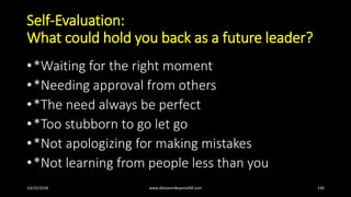 Self-
Evaluation:
What could
hold you back
as a future
leader?
*Not willing to do something beyond your duties
*Spending t...