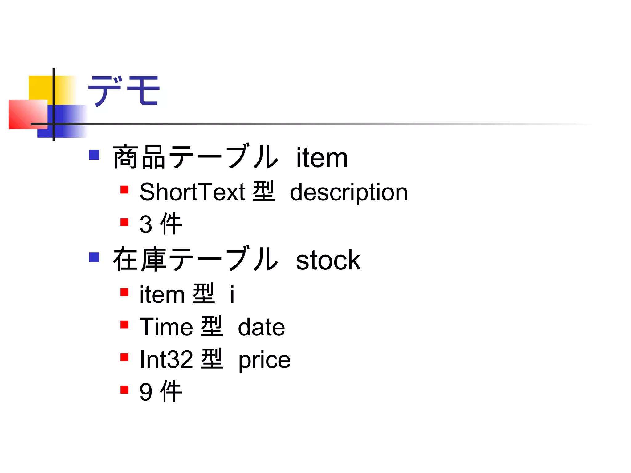 デモ
 商品テーブル item
 ShortText 型 description
 3 件
 在庫テーブル stock
 item 型 i
 Time 型 date
 Int32 型 price
 9 件
 