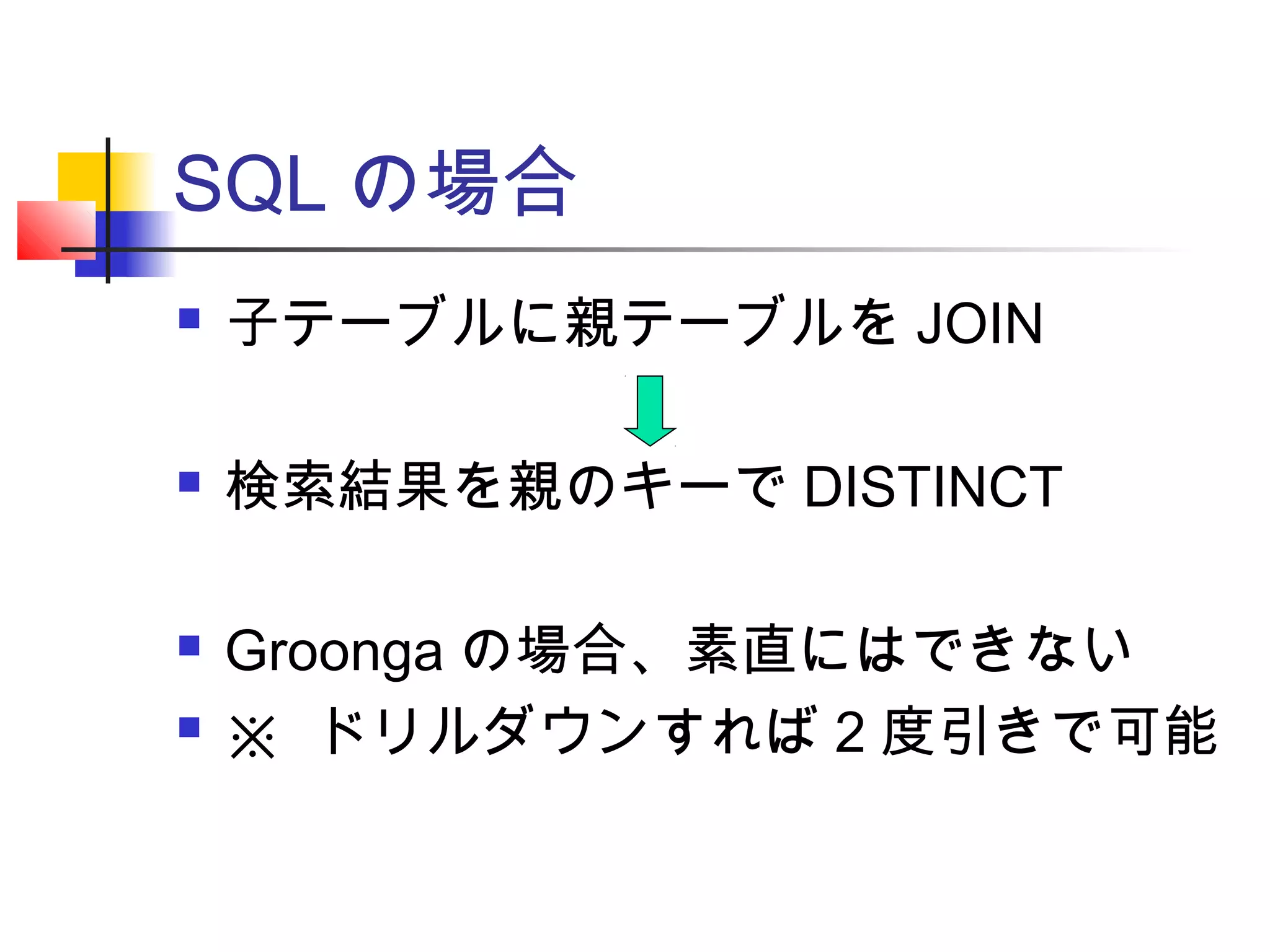 SQL の場合
 子テーブルに親テーブルを JOIN
 検索結果を親のキーで DISTINCT
 Groonga の場合、素直にはできない
 ※ ドリルダウンすれば 2 度引きで可能
 