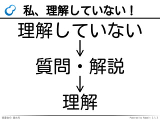 読書会の 進め方 Powered by Rabbit 2.1.2
私、理解していない！
理解していない
↓
質問・解説
↓
理解
 