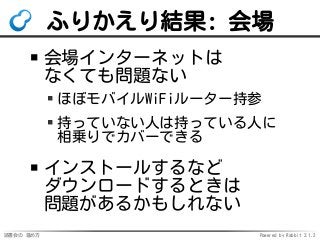 読書会の 進め方 Powered by Rabbit 2.1.2
ふりかえり結果: 会場
会場インターネットは
なくても問題ない
ほぼモバイルWiFiルーター持参
持っていない人は持っている人に
相乗りでカバーできる
インストールするなど
ダウンロードするときは
問題があるかもしれない
 