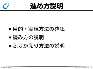 読書会の 進め方 Powered by Rabbit 2.1.2
進め方説明
目的・実現方法の確認
読み方の説明
ふりかえり方法の説明
 