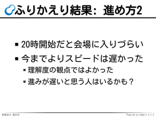 読書会の 進め方 Powered by Rabbit 2.1.2
ふりかえり結果: 進め方2
20時開始だと会場に入りづらい
今までよりスピードは遅かった
理解度の観点ではよかった
進みが遅いと思う人はいるかも？
 