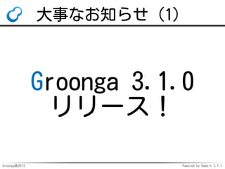 大事なお知らせ（1）

Groonga 3.1.0
リリース！
Groonga族2013

Powered by Rabbit 2.1.1

 