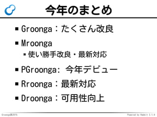 Groonga族2015 Powered by Rabbit 2.1.9
今年のまとめ
Groonga：たくさん改良
Mroonga
使い勝手改良・最新対応
PGroonga: 今年デビュー
Rroonga：最新対応
Droonga：可用性向上
 